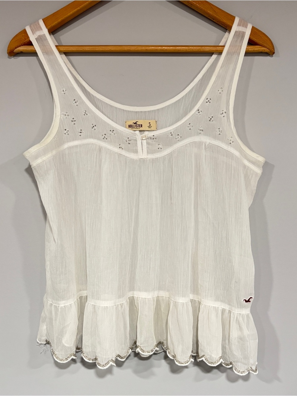 Y2K Hollister Delicate Sheer Beaded Lacy White Ruffle Tank Top Size Small